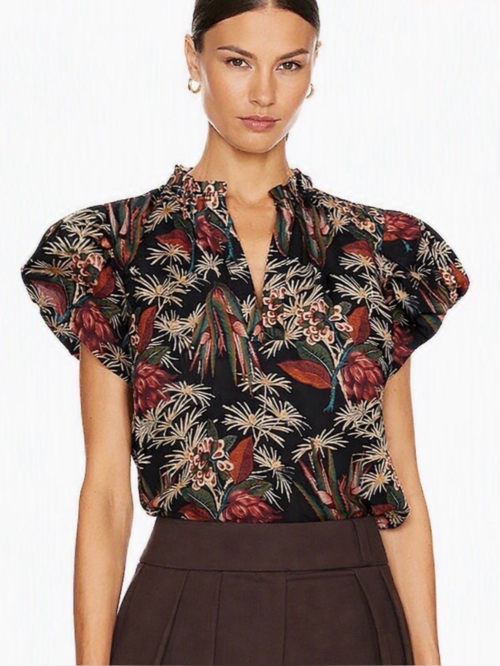 Ulla Johnson Klara Floral Puff-Sleeve Split-Neck Top Botanical Tropical Fall